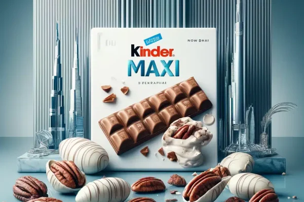 DALL·E 2024-04-16 19.05.02 - Craft a sophisticated and modern square image highlighting a Kinder Maxi chocolate bar and pecans from Dubai, now with a cool, contemporary background